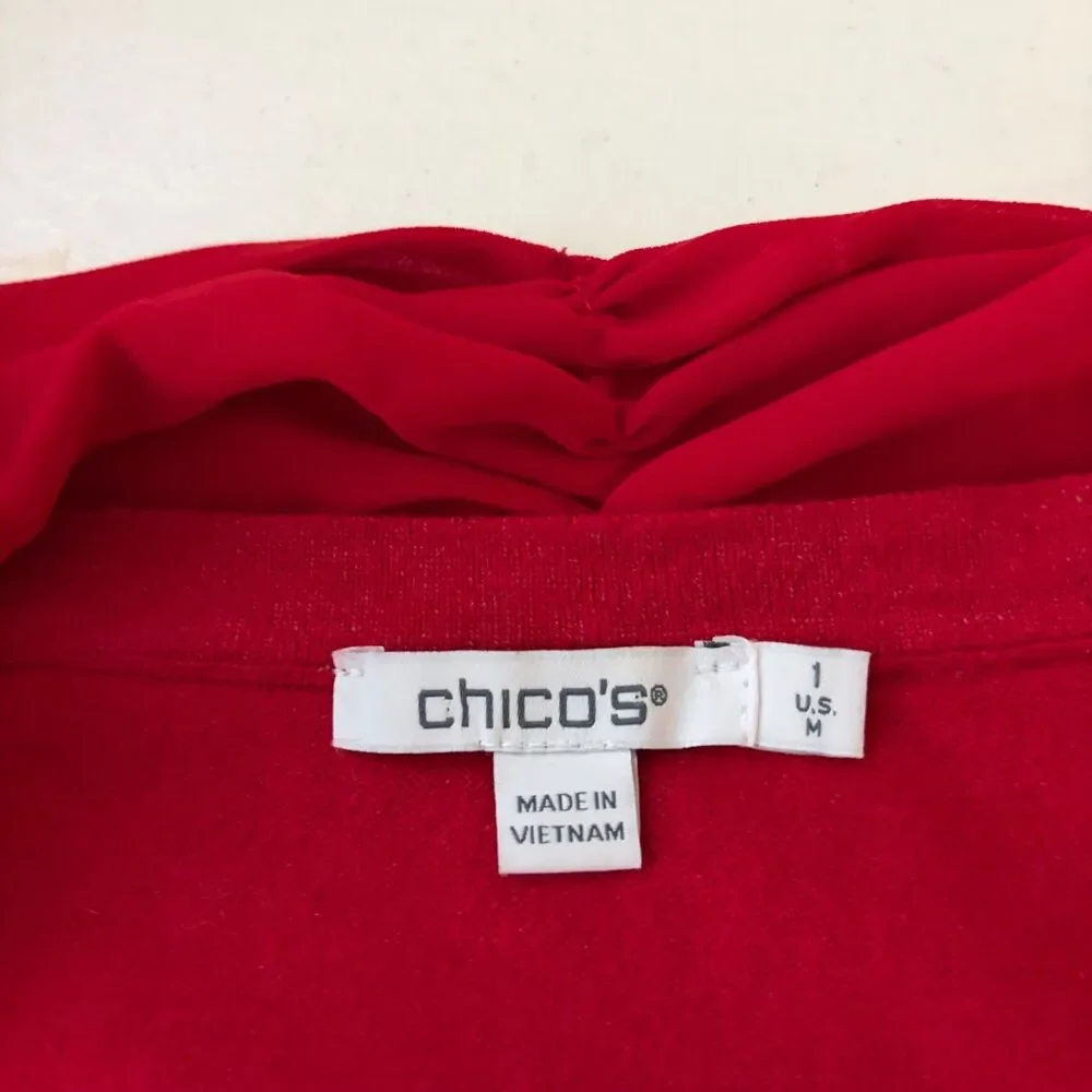 Chico's Sweater Women's Medium V-Neck 3/4 Sleeve Pullover Knit Red 1 Tie